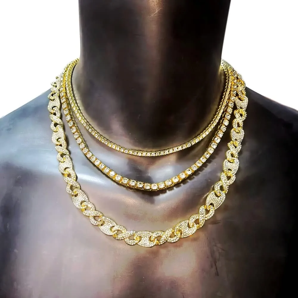 HH BLING EMPIRE Gold Silver Chain Necklace for Men Women Iced Out Diamond Tennis and Cuban Link Chain Necklaces Hip Hop Jewelry Sets 3Pc 18/20/24 Inch