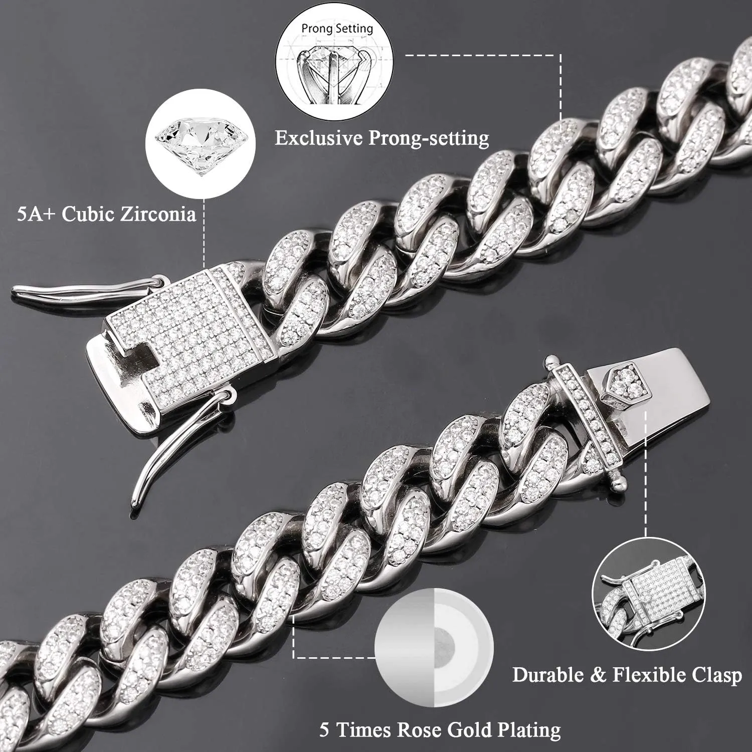 Hip Hop 12mm 10mm Real White Gold/18K Gold/Rose Gold Plated Iced Out Miami Cuban Link Chain Necklace or Bracelet Diamond CZ Choker for Men Women