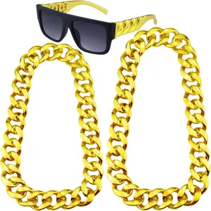 Hip Hop Costume Kits 80s/90s Rapper Accessories Outfit Plastic Fake Gold Chain Necklace Punk Sunglasses for Men Women (3p)
