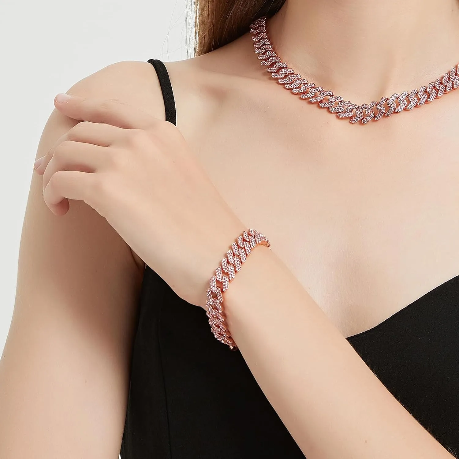 HIPBLING Cuban Link Bracelet for Women Diamond Miami Cuban Bracelet 12mm Pink Crystal Gold Silver Iced Out Bracelets Bling Hip Hop Jewelry for Womens Gift