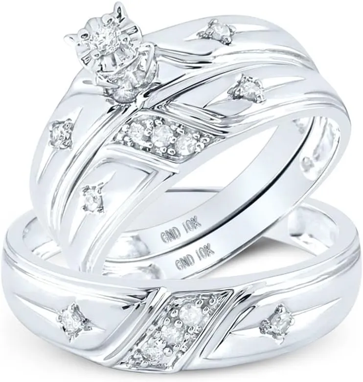 His and Hers Bridal Womens and Mens Engagment and Wedding Band Complete Trio Matching Wedding Rings Set 10K White Gold Round Diamond Cross 1/5 Cttw