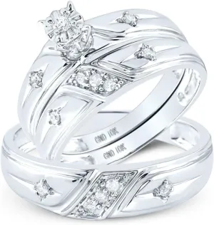 His and Hers Bridal Womens and Mens Engagment and Wedding Band Complete Trio Matching Wedding Rings Set 10K White Gold Round Diamond Cross 1/5 Cttw