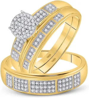His and Hers Bridal Womens and Mens Engagment and Wedding Band Complete Trio Matching Wedding Rings Set 10K Yellow Gold Round Diamond Cluster 1/3 Cttw