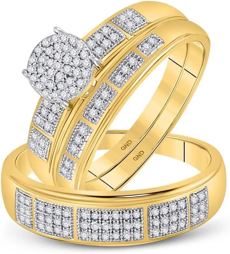 His and Hers Bridal Womens and Mens Engagment and Wedding Band Complete Trio Matching Wedding Rings Set 10K Yellow Gold Round Diamond Cluster 1/3 Cttw