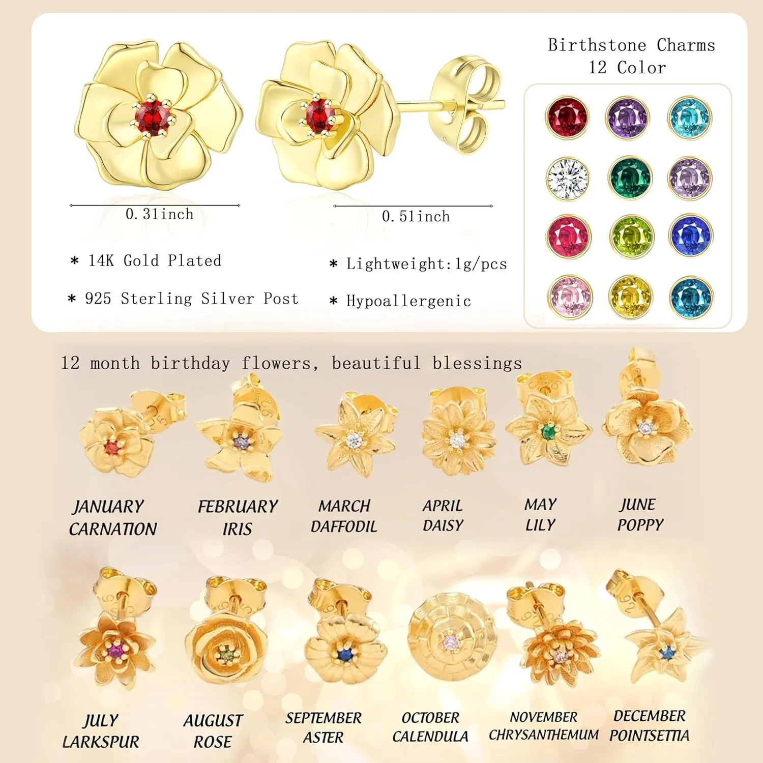 Honsny 14K Gold Stud Earrings for Women 925 Sterling Silver Post Birthstone Flower Earrings Cubic Zirconia Earrings Studs Diamond Cute Small Dainty Earrings Birthday Gifts for Women Jewelry
