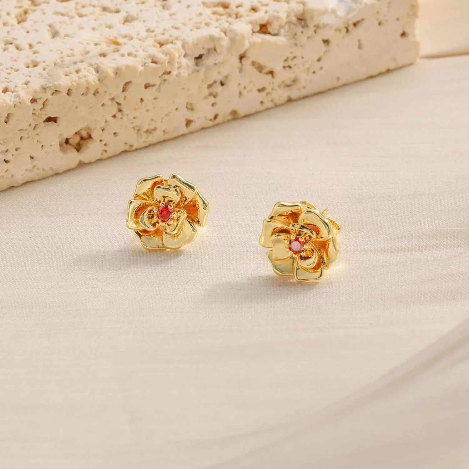 Honsny 14K Gold Stud Earrings for Women 925 Sterling Silver Post Birthstone Flower Earrings Cubic Zirconia Earrings Studs Diamond Cute Small Dainty Earrings Birthday Gifts for Women Jewelry