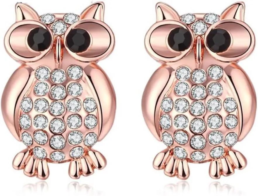 Hoot Owl Earrings for Women by Ginger Lyne| Rose Gold Plated Clear Cubic Zirconia Black Eyes Stud Earrings For Teacher or Mom Gift Ideas