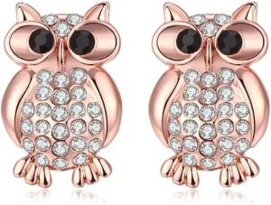 Hoot Owl Earrings for Women by Ginger Lyne| Rose Gold Plated Clear Cubic Zirconia Black Eyes Stud Earrings For Teacher or Mom Gift Ideas