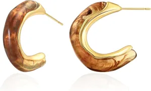 Hypoallergenic Amber Crystal Hoop Earrings, Gold-Plated, Brown Marbled Design, Fashion Jewelry for Women