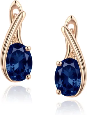 Hypoallergenic Blue Sapphire Hoop Earrings for Women | Rose Gold Plated Teardrop Jewelry | 8MM Oval Navy Blue Birthstone-Like Gift for Weddings, Sensitive Ears & Daily Luxury