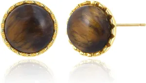 Hypoallergenic Tiger Eye Stud Earrings | 14K Gold Plated Trimmed Natural Stone Jewelry | 12MM Round Gemstone Gift for Birthdays, Sensitive Ears & Elegant Crystal Lovers