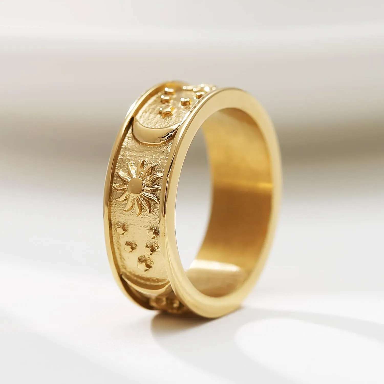 HZMAN 8mm Moon Star Sun Statement Ring Stainless Steel Boho Jewelry for Women Men