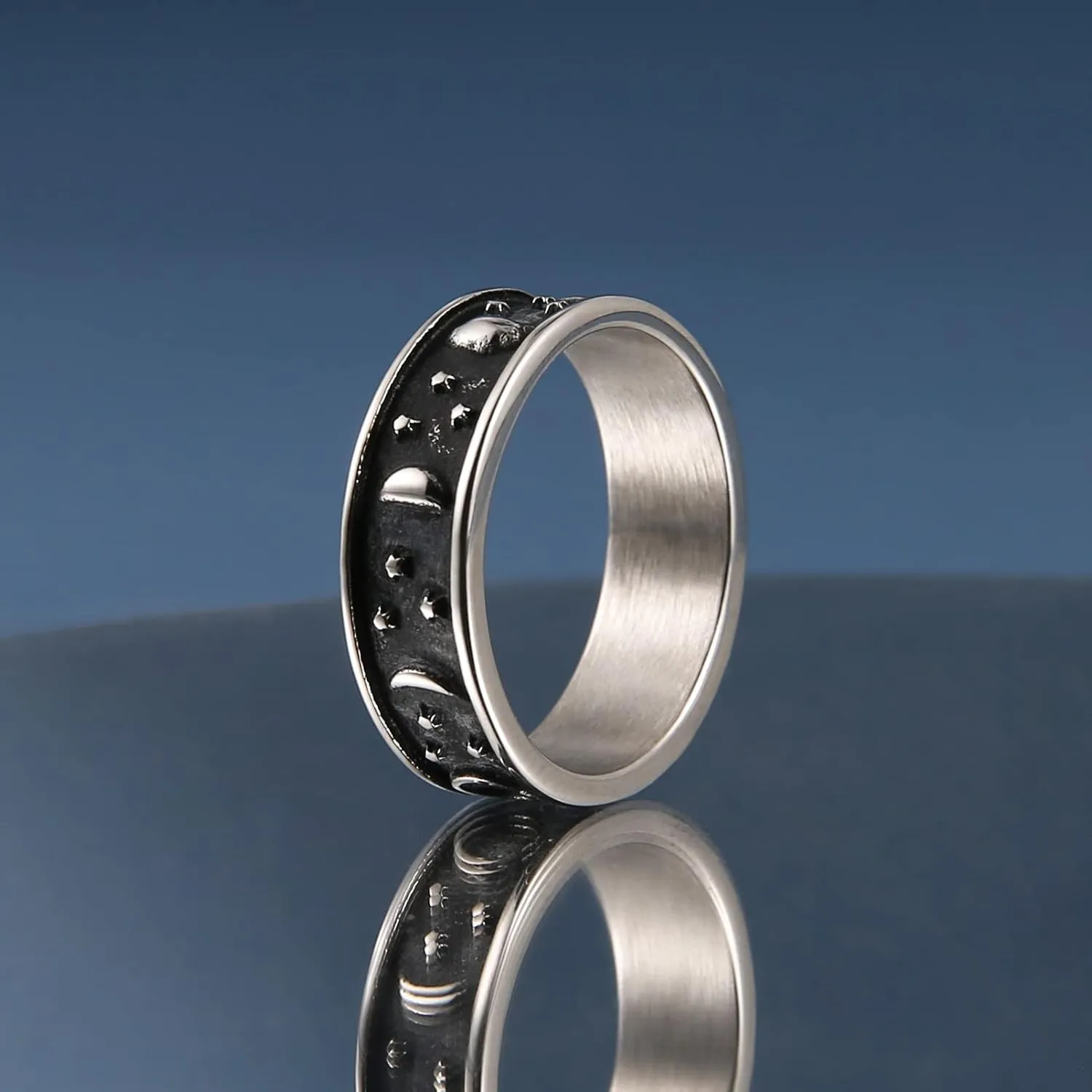 HZMAN 8mm Moon Star Sun Statement Ring Stainless Steel Boho Jewelry for Women Men