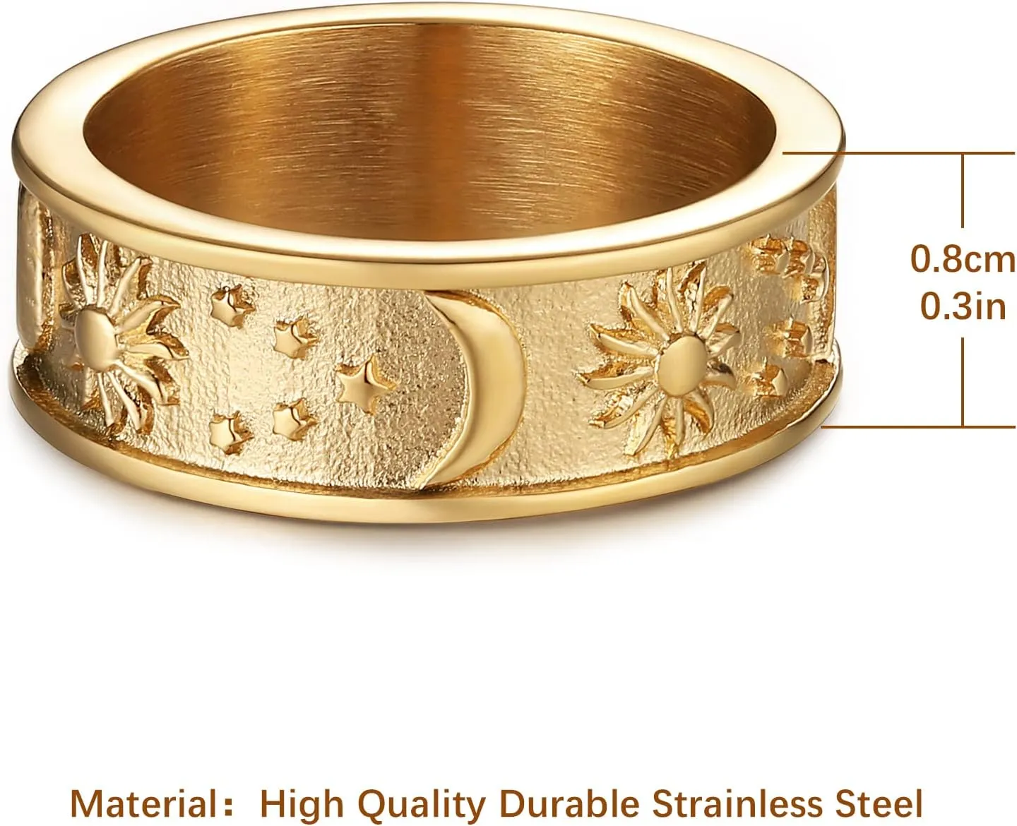 HZMAN 8mm Moon Star Sun Statement Ring Stainless Steel Boho Jewelry for Women Men