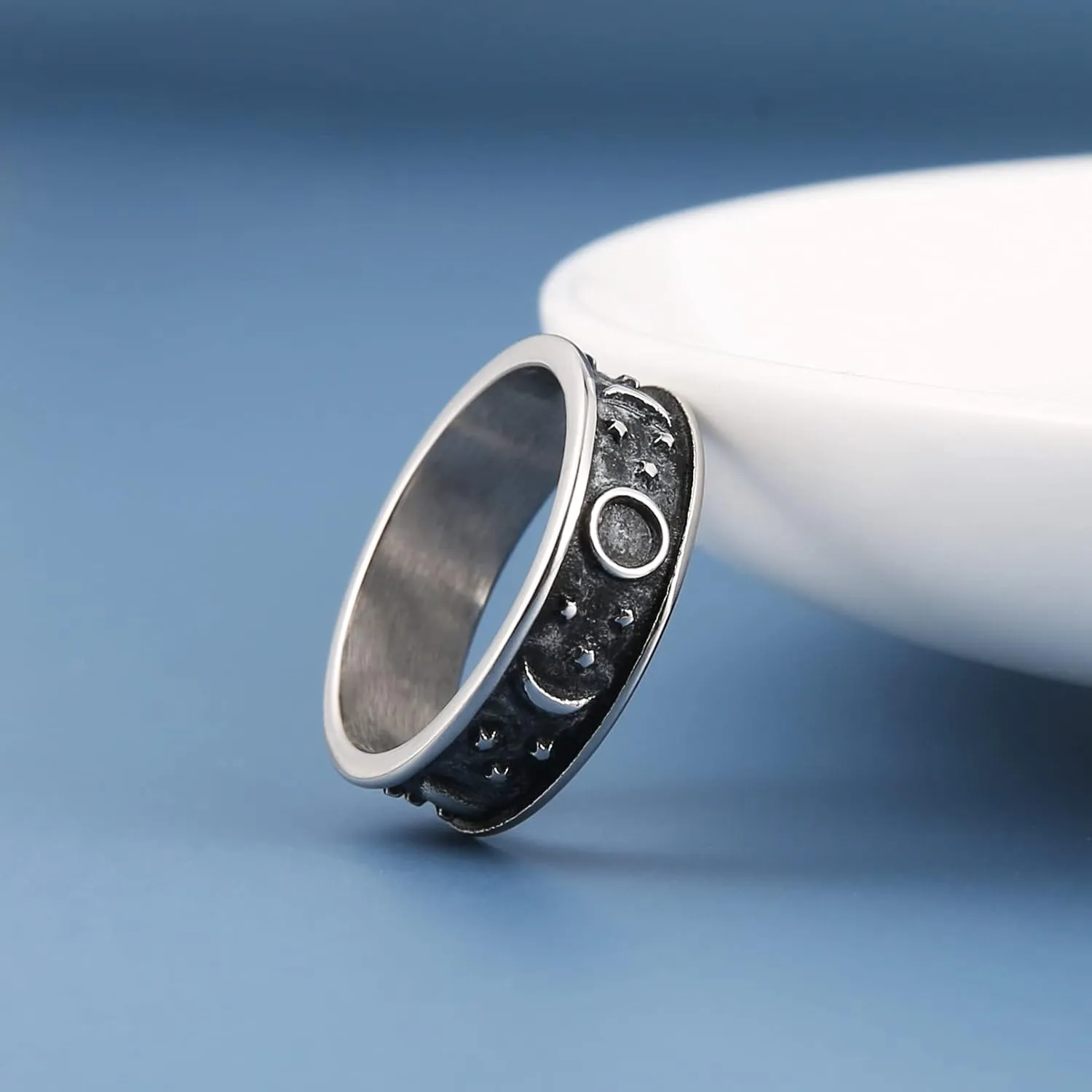 HZMAN 8mm Moon Star Sun Statement Ring Stainless Steel Boho Jewelry for Women Men