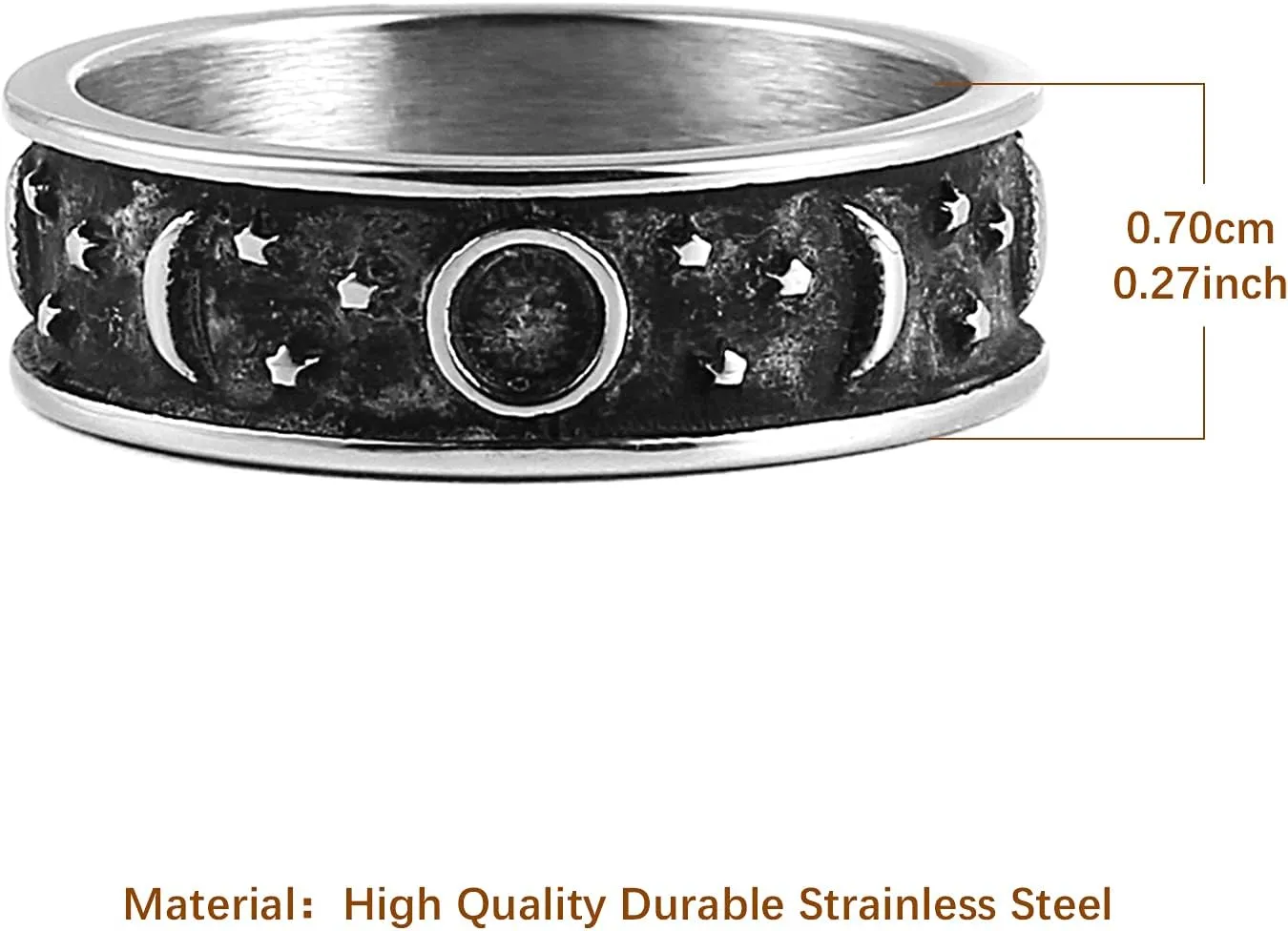 HZMAN 8mm Moon Star Sun Statement Ring Stainless Steel Boho Jewelry for Women Men