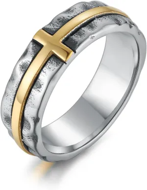 HZMAN Cross Ring for Men Stainless Steel Retro Hammered Cross Ring 6.5mm Wide Stackable Band Ring Jewelry Gift