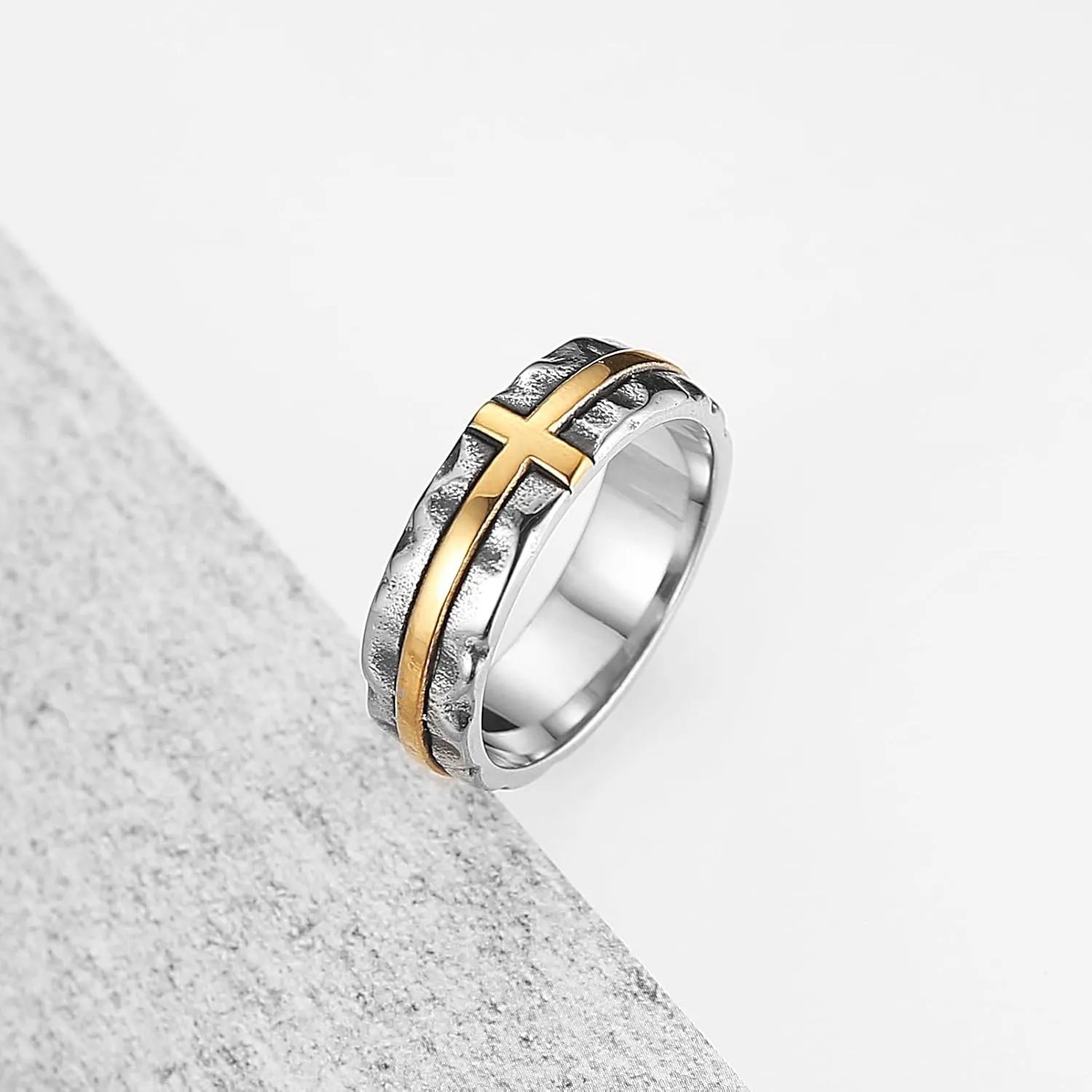 HZMAN Cross Ring for Men Stainless Steel Retro Hammered Cross Ring 6.5mm Wide Stackable Band Ring Jewelry Gift