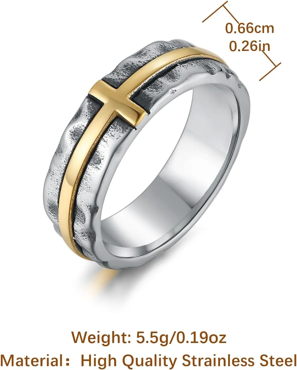 HZMAN Cross Ring for Men Stainless Steel Retro Hammered Cross Ring 6.5mm Wide Stackable Band Ring Jewelry Gift