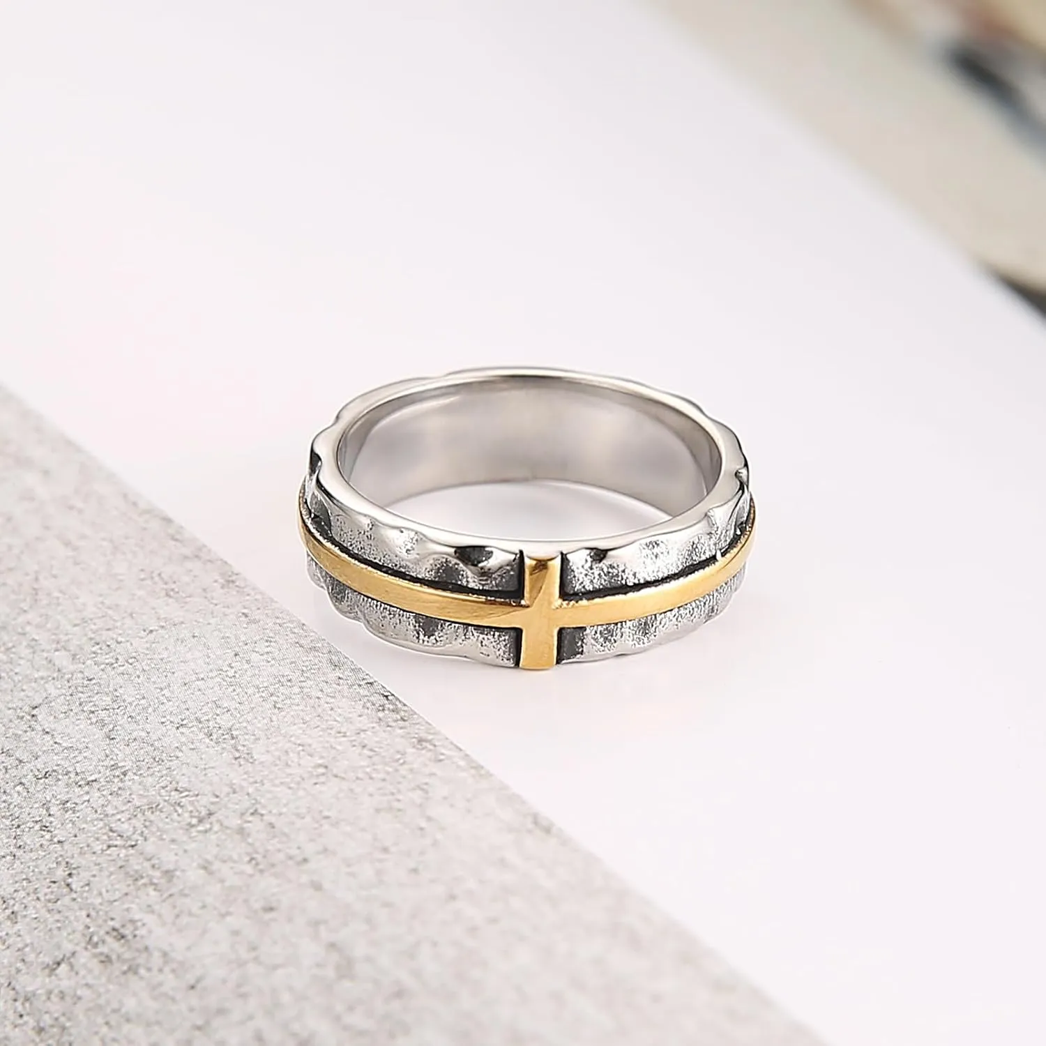 HZMAN Cross Ring for Men Stainless Steel Retro Hammered Cross Ring 6.5mm Wide Stackable Band Ring Jewelry Gift