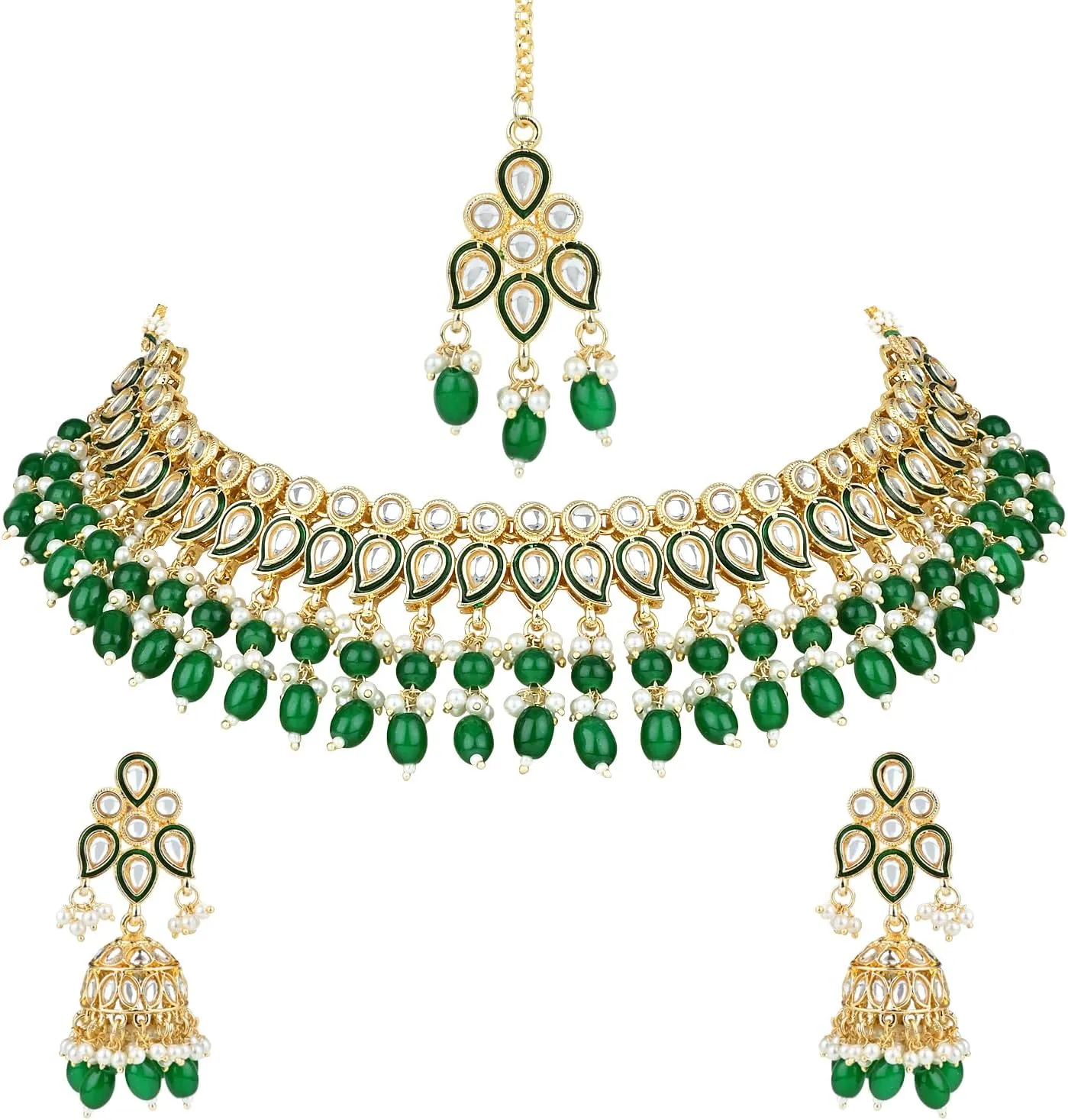 I Jewels Gold Plated Indian Wedding Bollywood Kundan Pearl Meenakari Choker Necklace Jewellery With Jhumka Earrings Set For Women (K7263)
