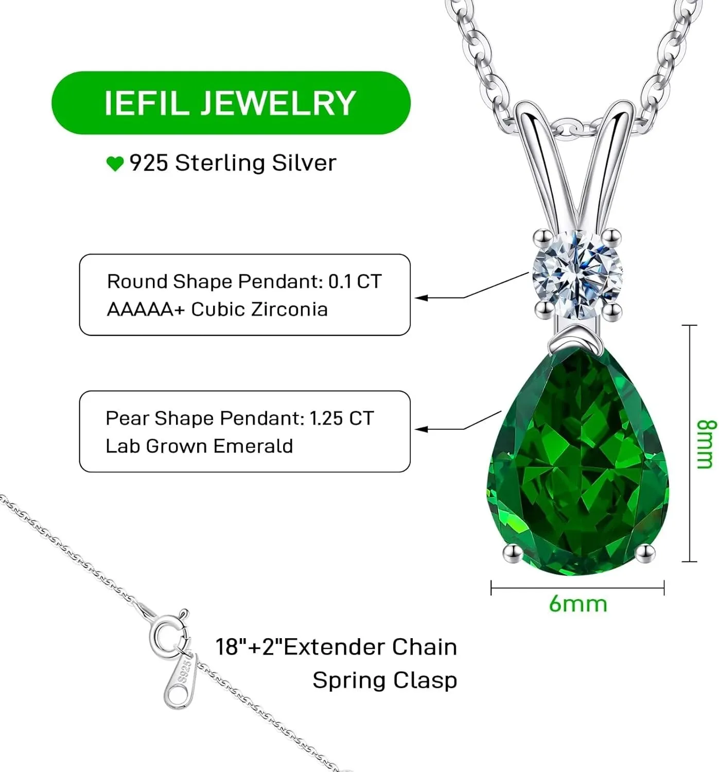Iefil 1.25 Ct Pear Birthstone Necklaces for Women, 18K White Gold Plated S925 Sterling Silver Genuine or Created Gemstone Birthstone Jewelry for Women Birthday Gifts