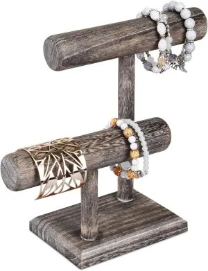 Ikee Design 2 Tier Free Assemble Wooden Jewelry Bracelet Watch Display Stand,Jewelry Holder Storage Organizer for Scrunchie,Necklace,Bangle, Bracelet,7.9 W x 4.3 D x 9.4 H in, Coffee color