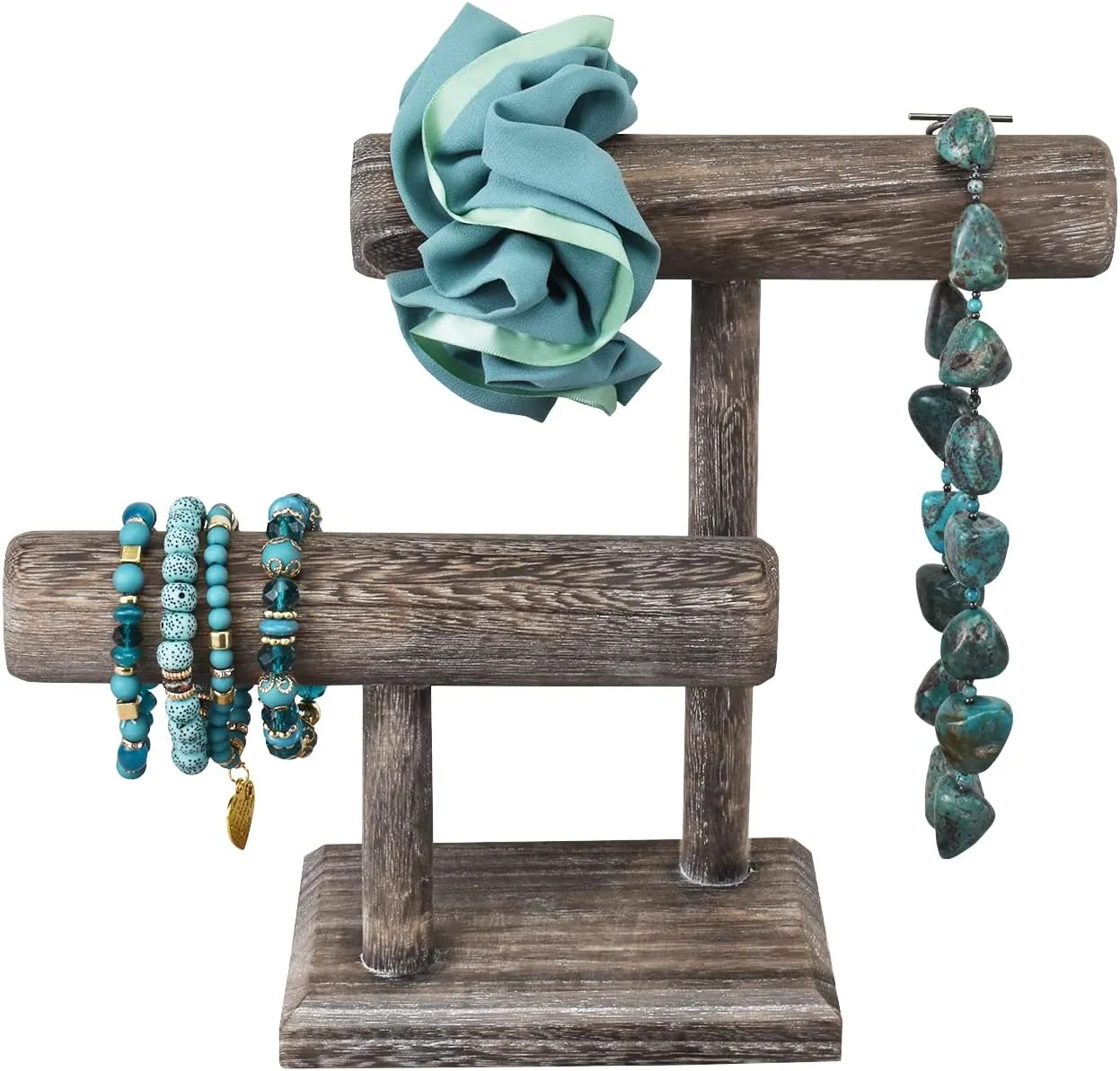Ikee Design 2 Tier Free Assemble Wooden Jewelry Bracelet Watch Display Stand,Jewelry Holder Storage Organizer for Scrunchie,Necklace,Bangle, Bracelet,7.9 W x 4.3 D x 9.4 H in, Coffee color