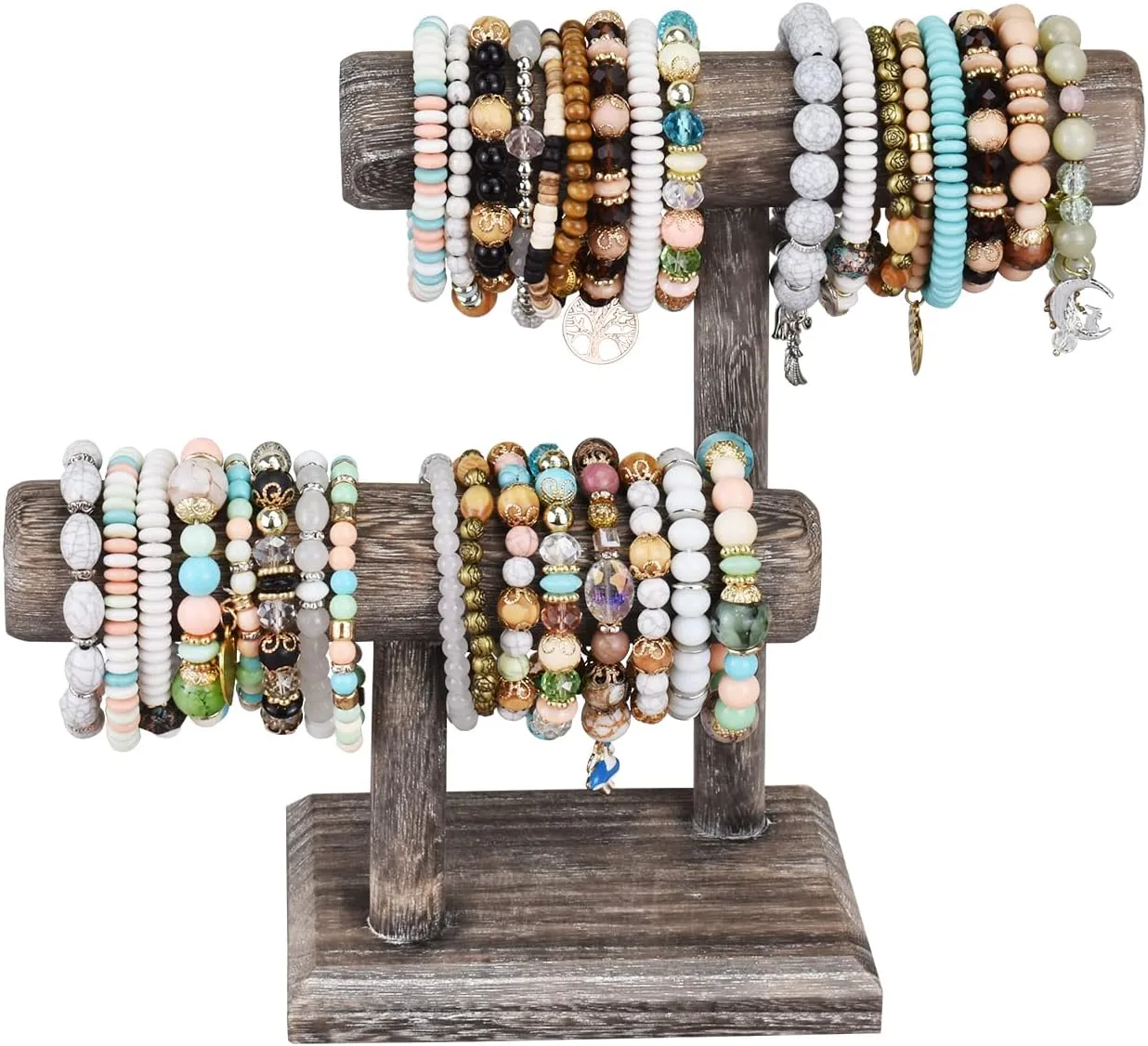 Ikee Design 2 Tier Free Assemble Wooden Jewelry Bracelet Watch Display Stand,Jewelry Holder Storage Organizer for Scrunchie,Necklace,Bangle, Bracelet,7.9 W x 4.3 D x 9.4 H in, Coffee color