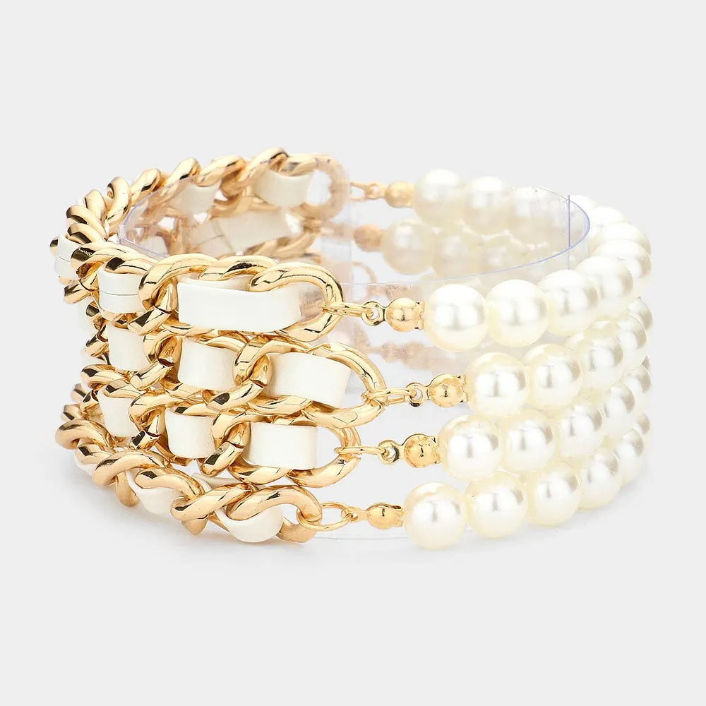 iLLASPARKZ 4PCS - Faux Leather Braided Pearl Beaded Multi Layered Bracelets