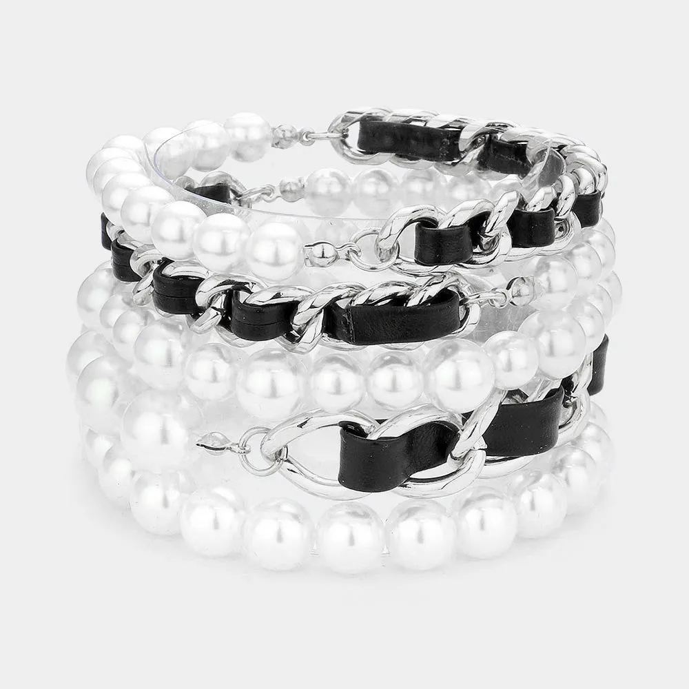 iLLASPARKZ 5PCS - Faux Leather Braided Pearl Beaded Multi Layered Bracelets
