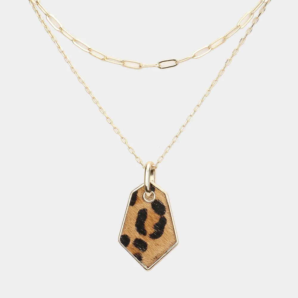 iLLASPARKZ Leopard Patterned Genuine Leather Angled Pendant Double Layered Necklace