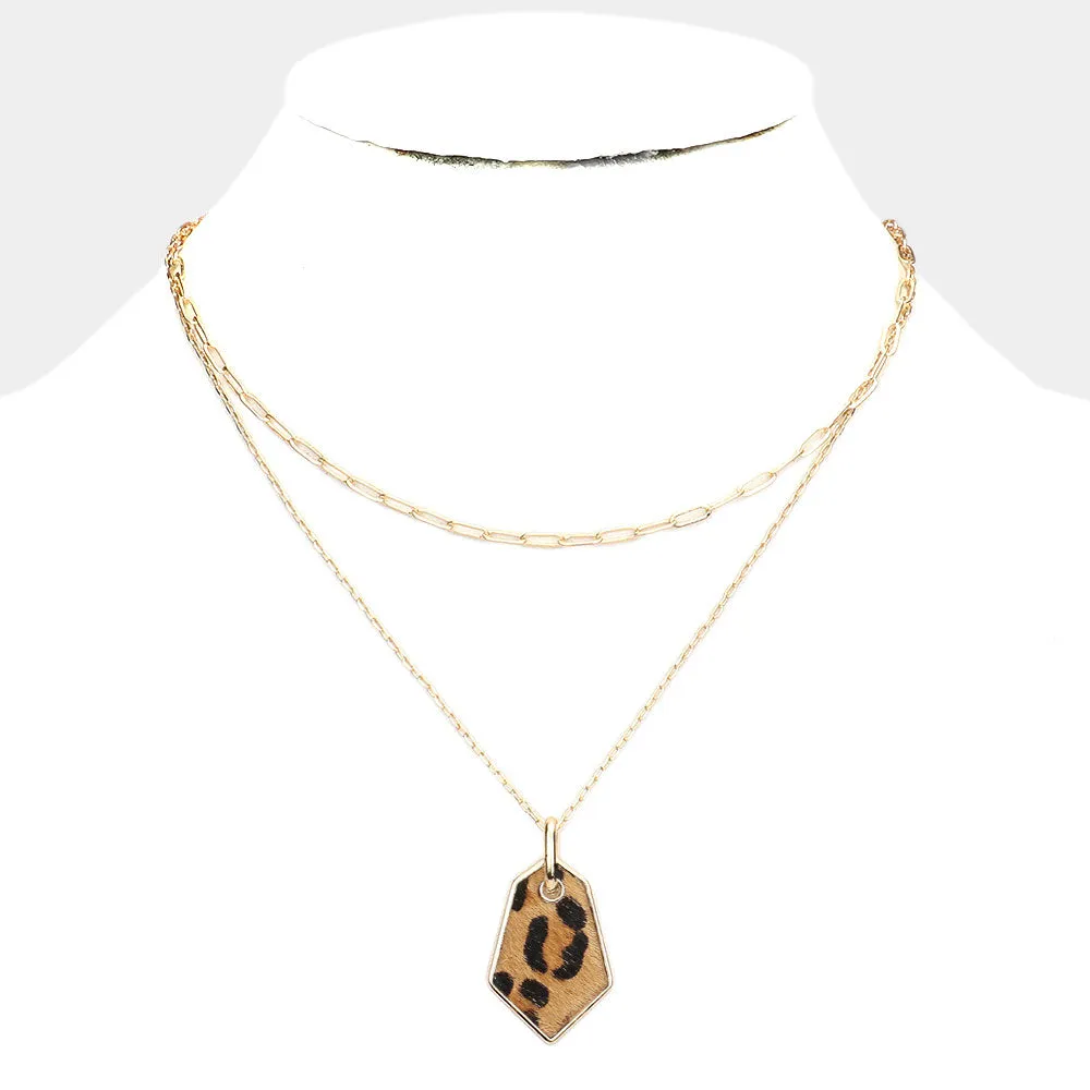 iLLASPARKZ Leopard Patterned Genuine Leather Angled Pendant Double Layered Necklace