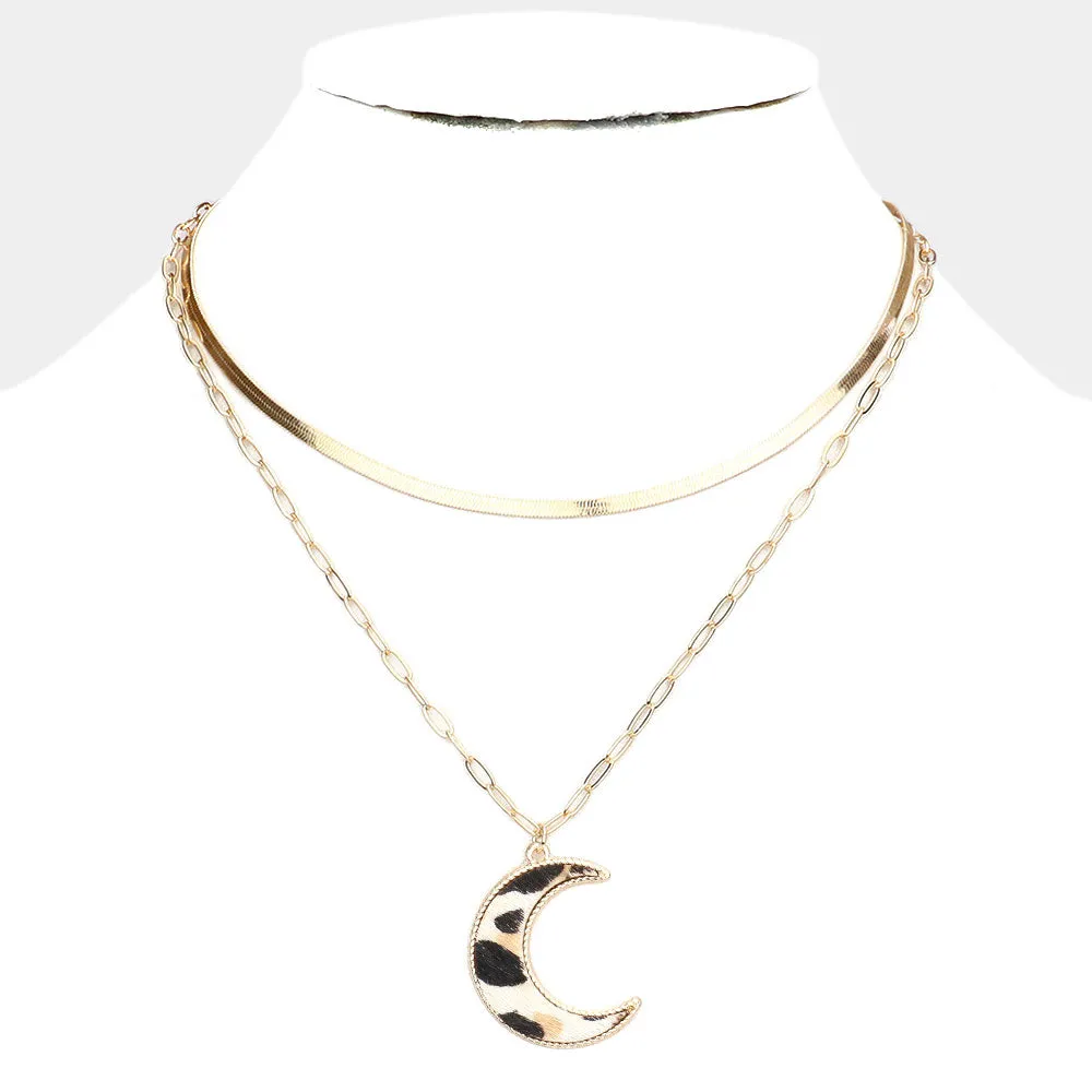 iLLASPARKZ Leopard Patterned Genuine Leather Crescent Moon Pendant Double Layered Necklace