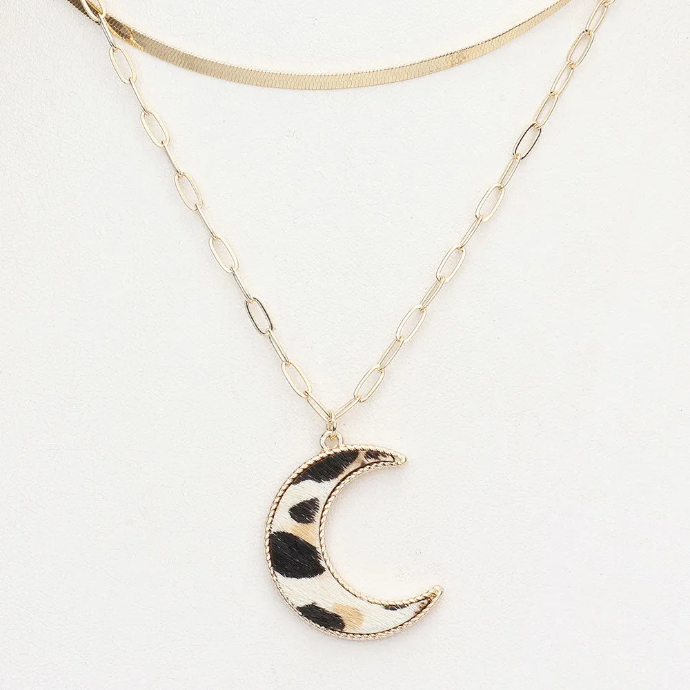 iLLASPARKZ Leopard Patterned Genuine Leather Crescent Moon Pendant Double Layered Necklace