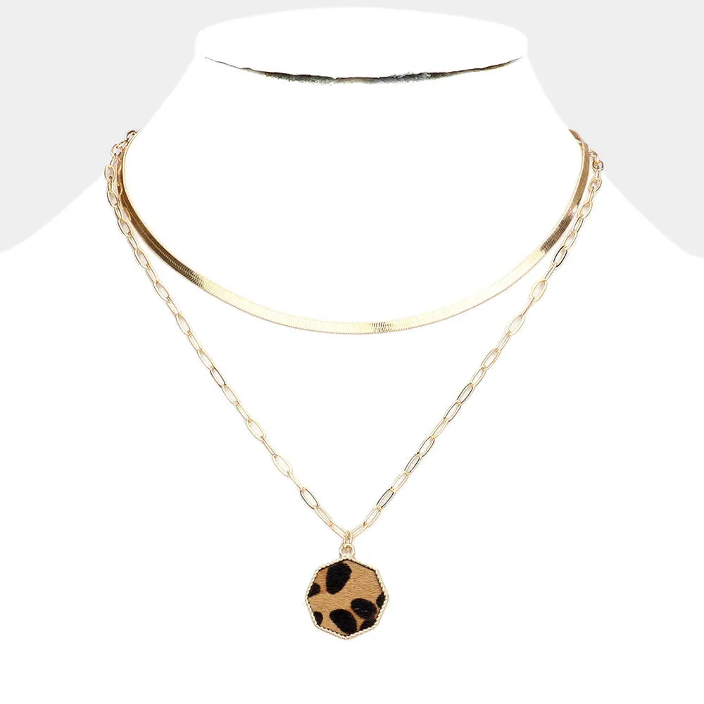 iLLASPARKZ Leopard Patterned Genuine Leather Octagon Pendant Double Layered Necklace