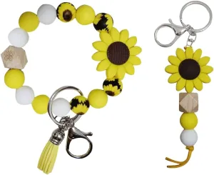 iMagitek Sunflower Wristlet Keychain Sunflower Silione Beaded Keychain Keyring for Girls Women Boys Gifts 2 Pack