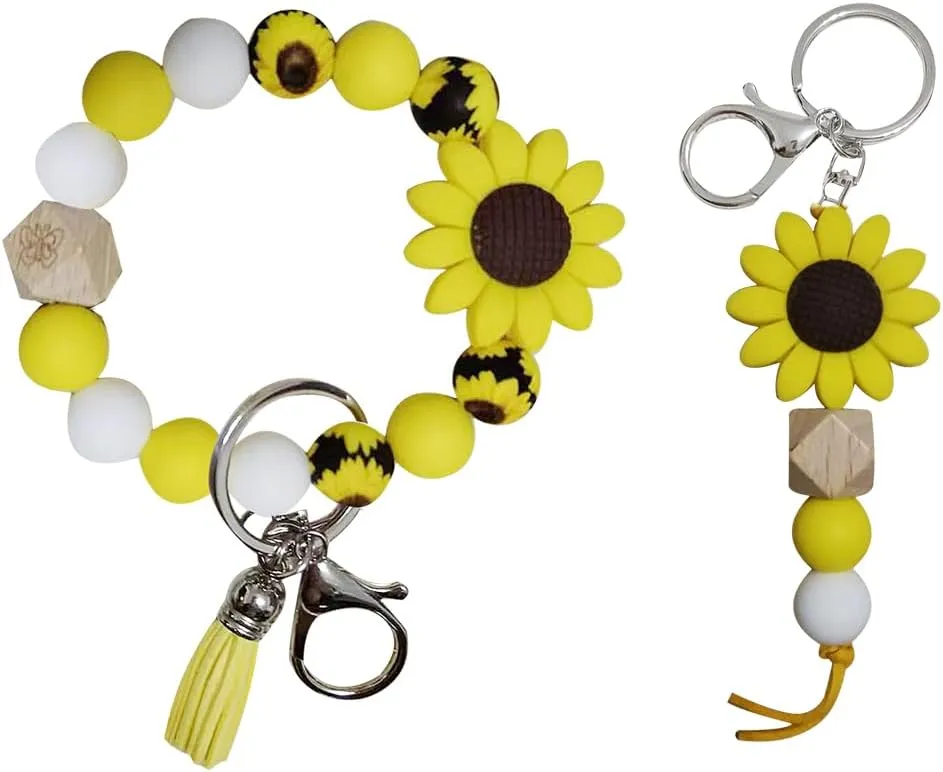 iMagitek Sunflower Wristlet Keychain Sunflower Silione Beaded Keychain Keyring for Girls Women Boys Gifts 2 Pack