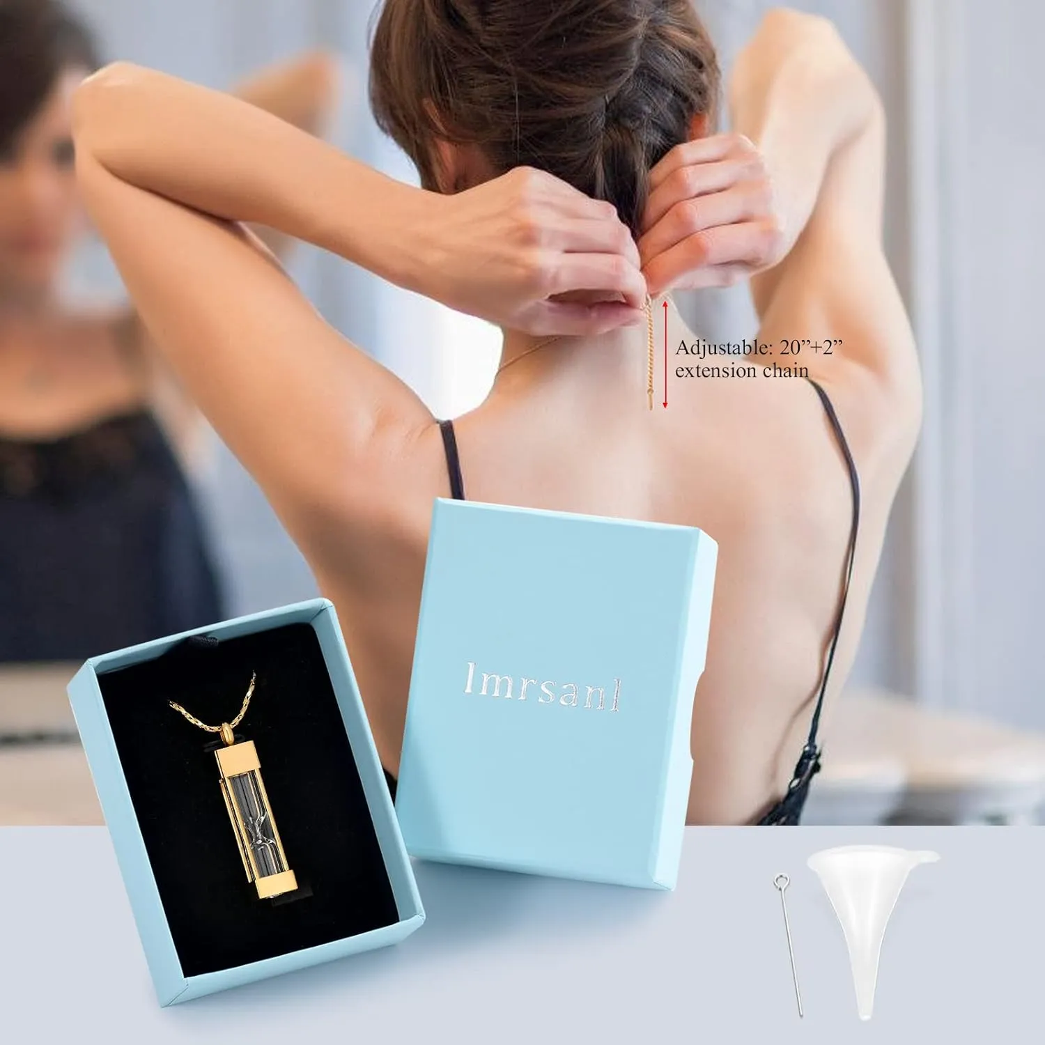 Imrsanl Glass Hourglass Cremation Jewelry for Ashes Container Vial Urn Necklace Pendant Stainless Steel Cylinder Bottle Memorial Cremation Keepsake Jewelry for Women/Men