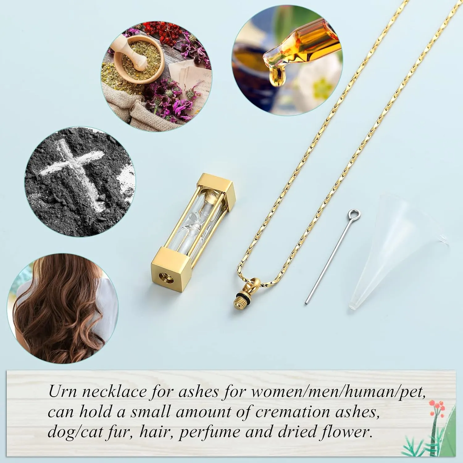 Imrsanl Glass Hourglass Cremation Jewelry for Ashes Container Vial Urn Necklace Pendant Stainless Steel Cylinder Bottle Memorial Cremation Keepsake Jewelry for Women/Men