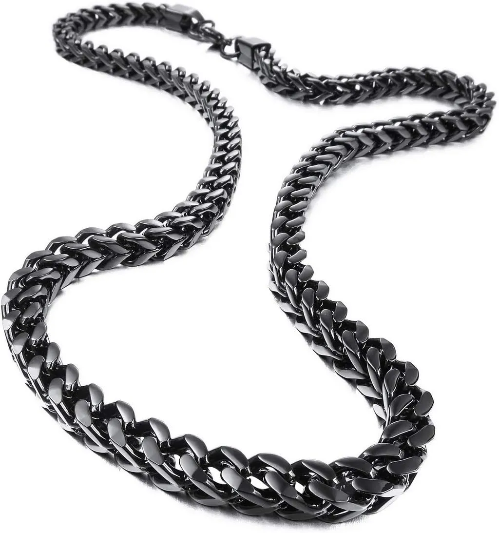 INBLUE 6MM Wide Chain Necklace for Men Women Stainless Steel Cuban Link Chain Necklaces Water Resistant Thick Metal Foxtail Chains (3 Colors - Silver Black Gold, 21.6 Inch Long)