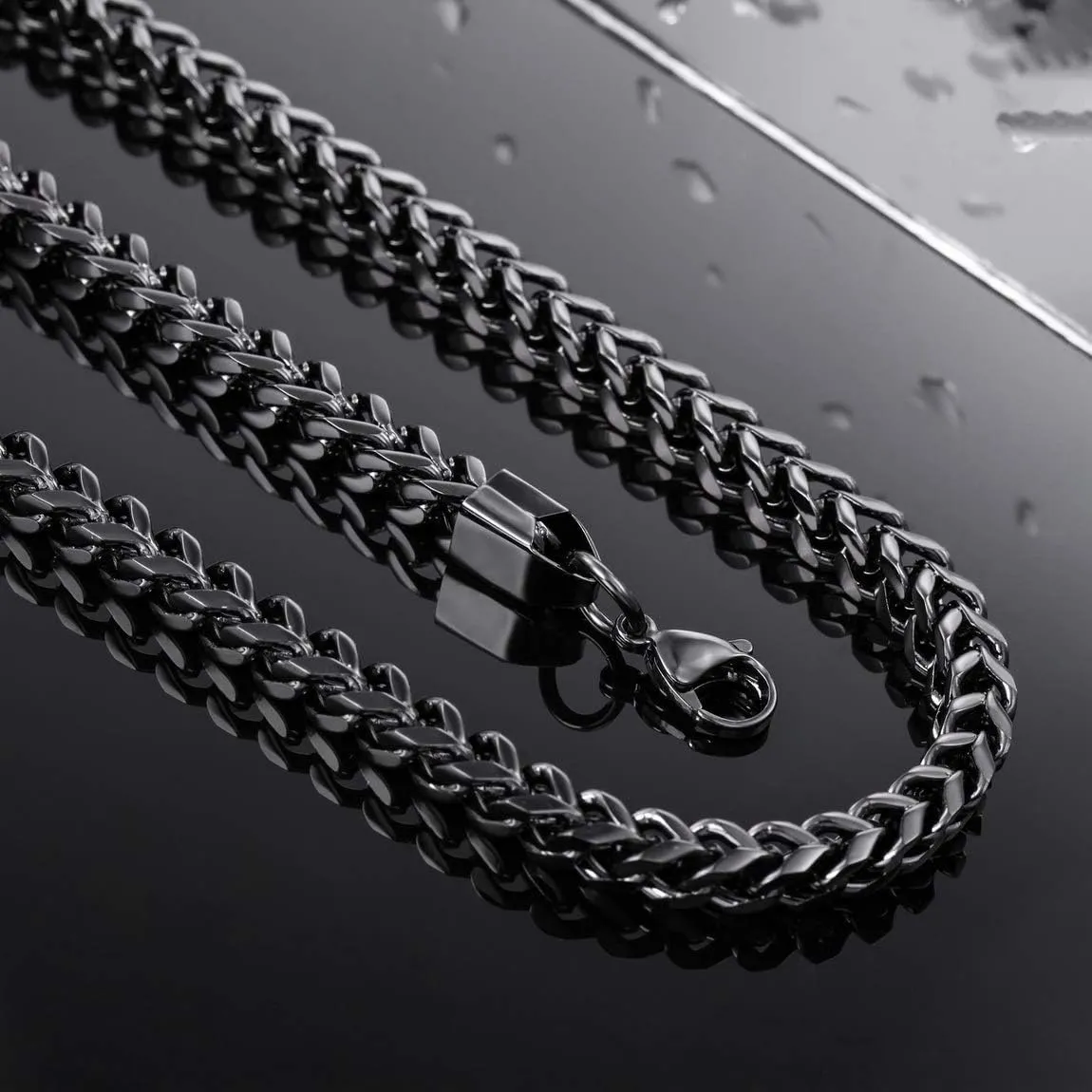 INBLUE 6MM Wide Chain Necklace for Men Women Stainless Steel Cuban Link Chain Necklaces Water Resistant Thick Metal Foxtail Chains (3 Colors - Silver Black Gold, 21.6 Inch Long)