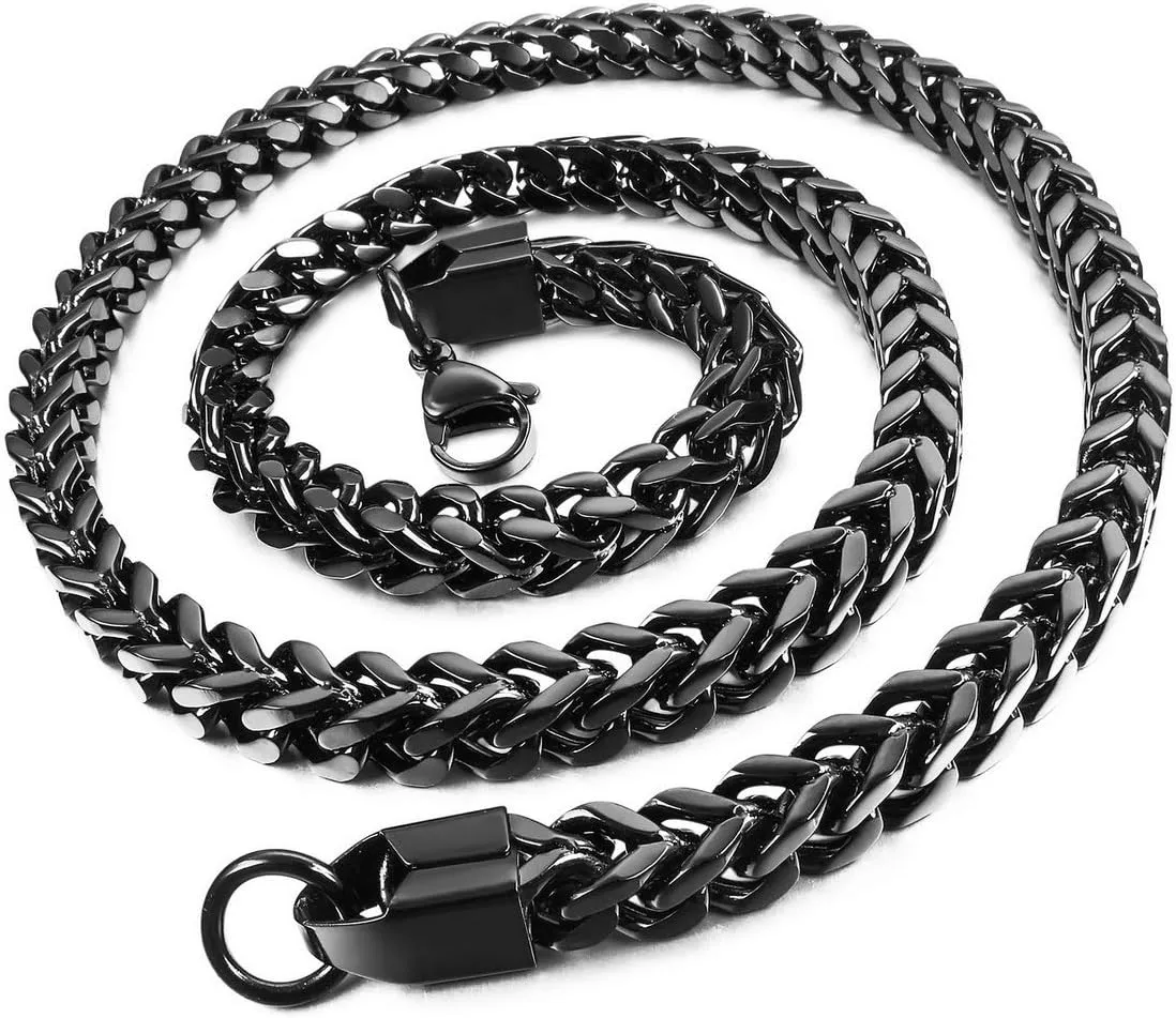INBLUE 6MM Wide Chain Necklace for Men Women Stainless Steel Cuban Link Chain Necklaces Water Resistant Thick Metal Foxtail Chains (3 Colors - Silver Black Gold, 21.6 Inch Long)