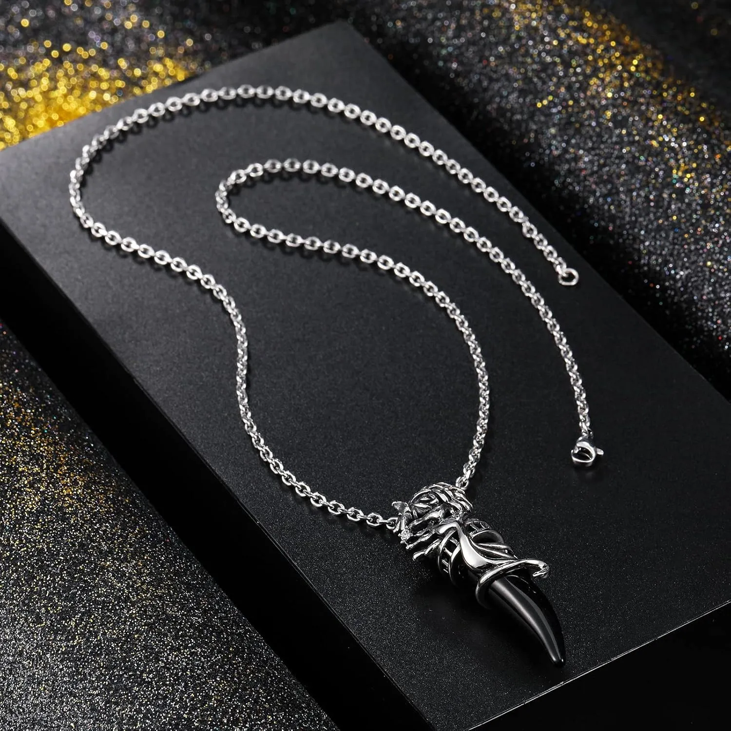 INBLUE Dragon Wolf Tooth Pendant for Men Women Stainless Steel Cool Necklaces Simulate Crystal Gemstone Boyfriend Gifts Jewelry with 23 Inches Chain