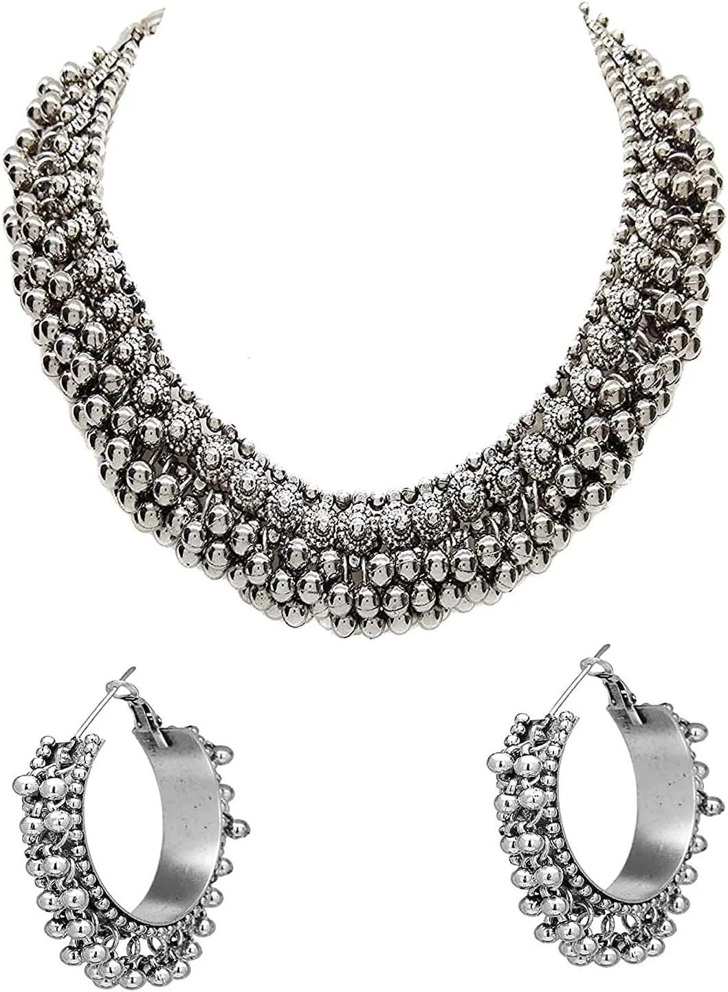Indian Ethnic Fashion Handmade Bollywood Statement Tribal Gypsy Oxidized Collar Silver Ghungroo Beads Choker Necklace Earrings Set Jewelry