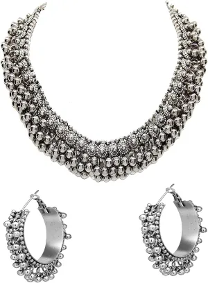 Indian Ethnic Fashion Handmade Bollywood Statement Tribal Gypsy Oxidized Collar Silver Ghungroo Beads Choker Necklace Earrings Set Jewelry
