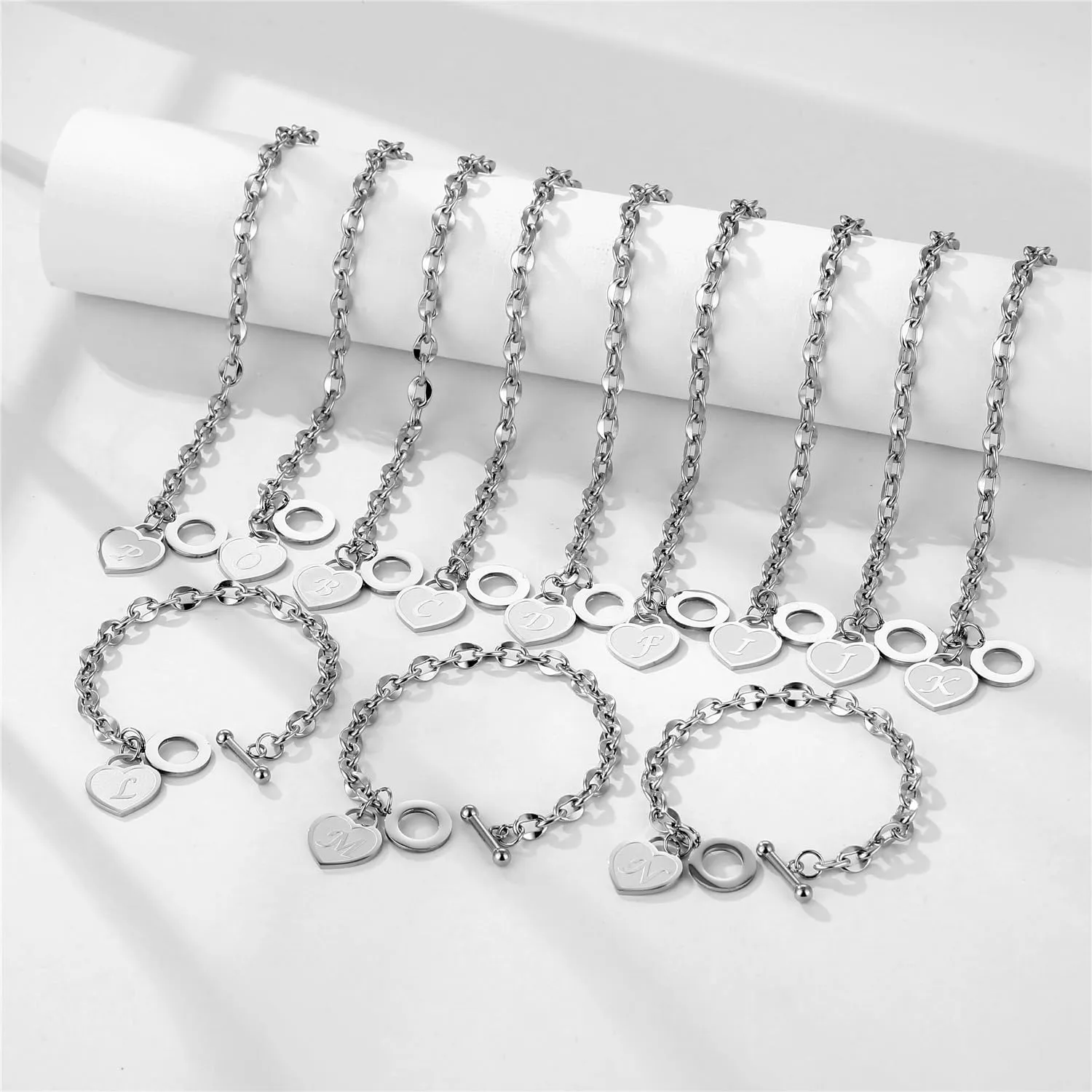 Initial Heart Charm Bracelets for Women 14K gold/Silver Tone Stainless Steel OT Clasp Heart A-Z Letter Name Bangle Bracelet Gifts