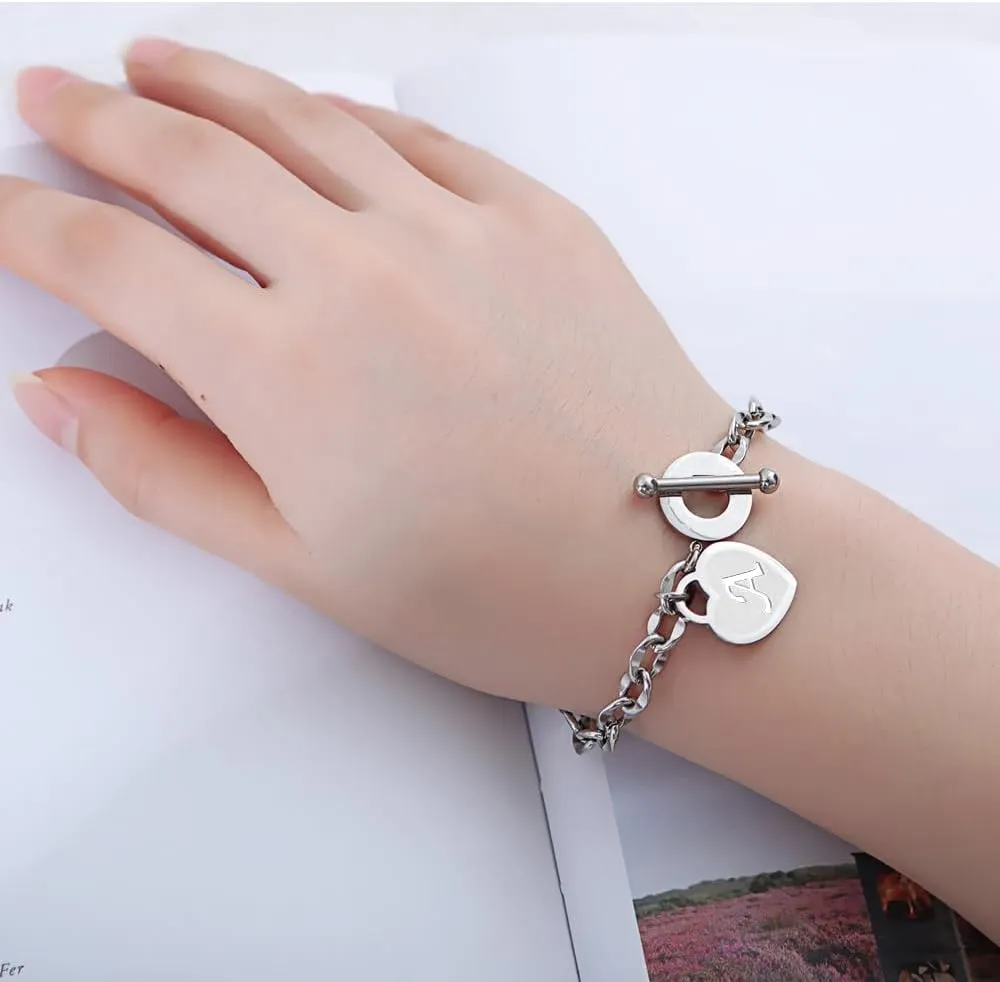 Initial Heart Charm Bracelets for Women 14K gold/Silver Tone Stainless Steel OT Clasp Heart A-Z Letter Name Bangle Bracelet Gifts