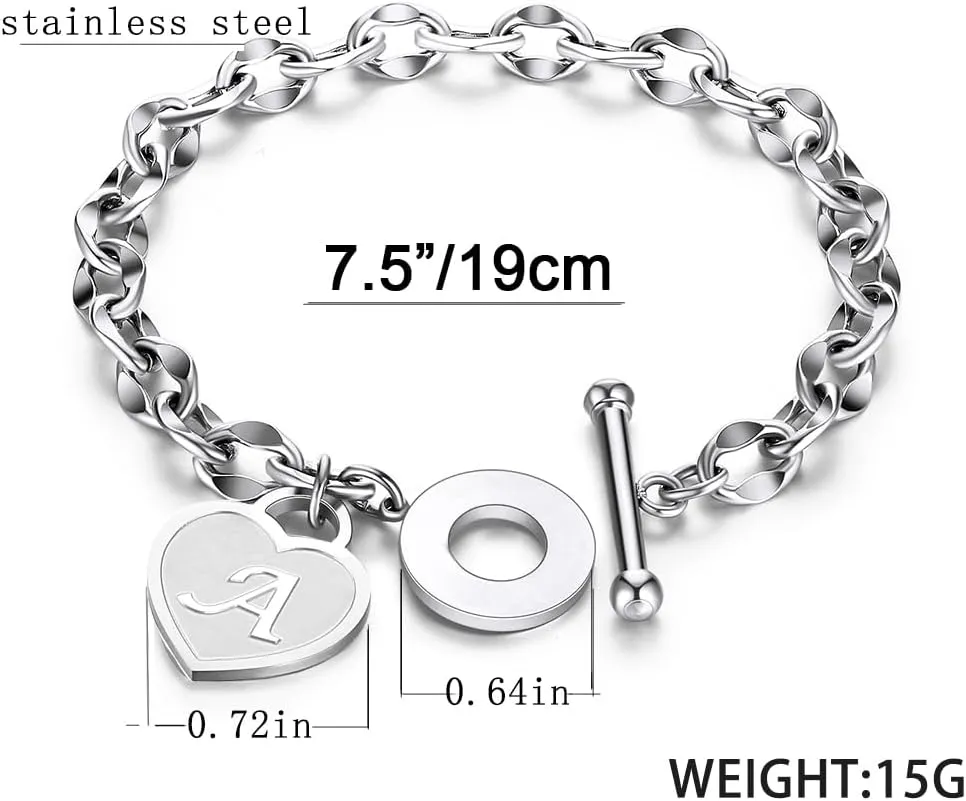 Initial Heart Charm Bracelets for Women 14K gold/Silver Tone Stainless Steel OT Clasp Heart A-Z Letter Name Bangle Bracelet Gifts