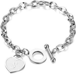 Initial Heart Charm Bracelets for Women 14K gold/Silver Tone Stainless Steel OT Clasp Heart A-Z Letter Name Bangle Bracelet Gifts
